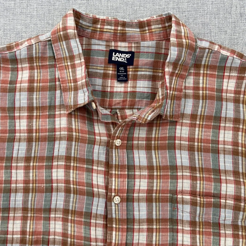 Lands End Linen Shirt‎ Plaid Short Sleeve Men 4XL Multicolor Coastal Resort